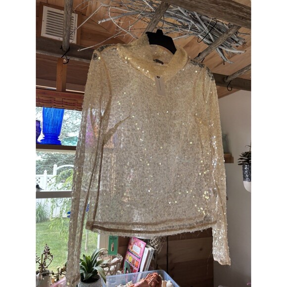 Anthropologie Women’s XS Sequin Sheer Gold Champagne Turtleneck Shirt Retail $98 - Picture 4 of 6
